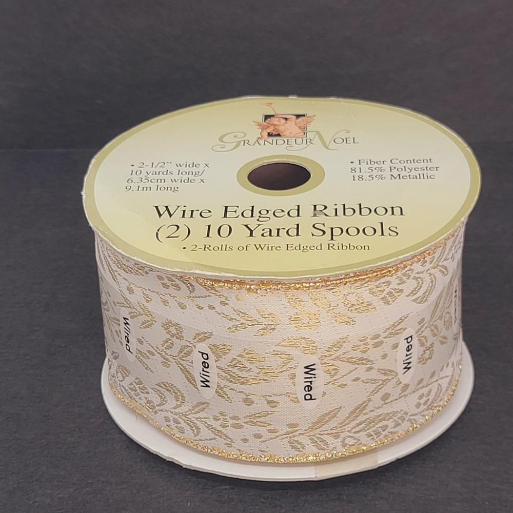 Grandeur Noel Wire Edged Ribbon 2.5in x 20yd Cream Gold Floral Damask 2 Spools